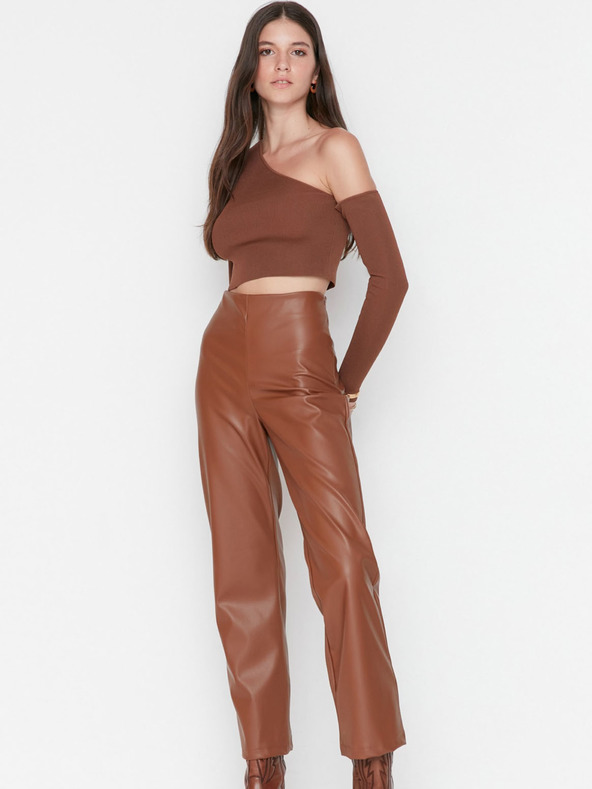Trendyol Pantaloni maro de damă din piele sintetică Trendyol