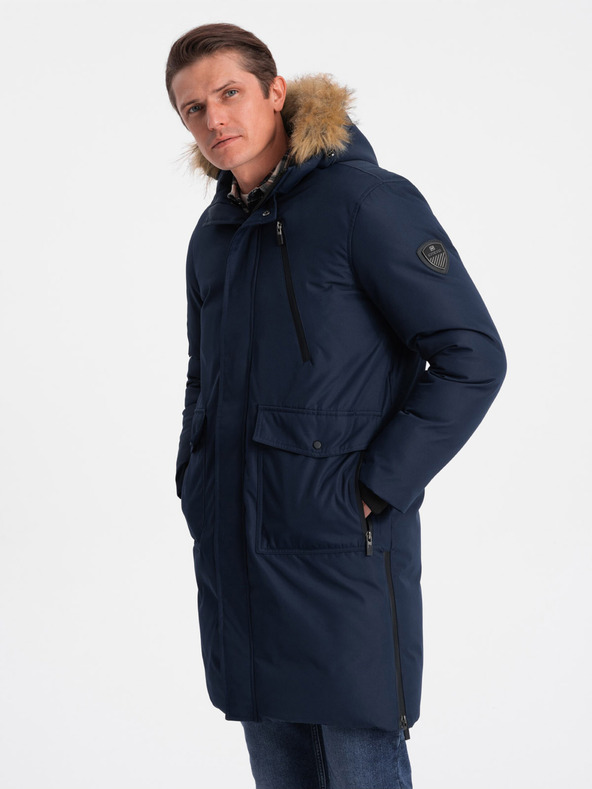 Ombre Clothing Jachetă de iarnă albastru închis pentru bărbați cu blană artificială Ombre Clothing Alaskan