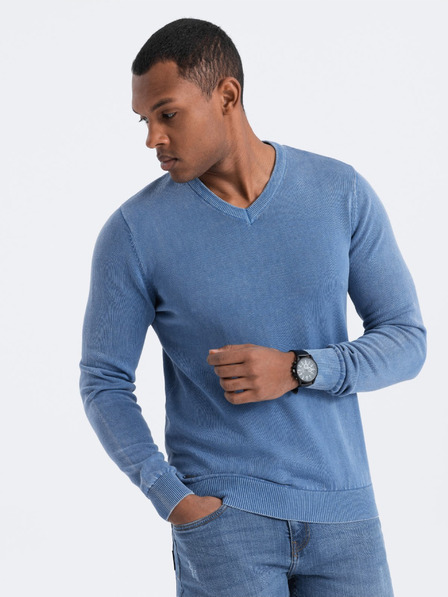 Ombre Clothing Pulover basic cu decolteu în V albastru pentru bărbați Ombre Clothing
