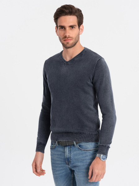 Ombre Clothing Pulover basic albastru închis cu guler în V pentru bărbați Ombre Clothing