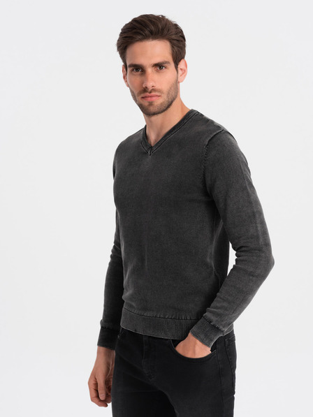 Ombre Clothing Pulover basic negru cu guler în V pentru bărbați Ombre Clothing
