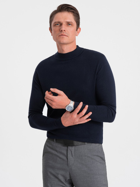 Ombre Clothing Pulover basic albastru închis pentru bărbați cu guler ridicat Ombre Clothing