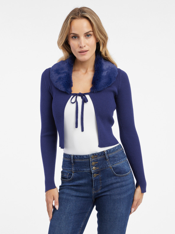 Orsay Cardigan de damă albastru cu blană artificială ORSAY
